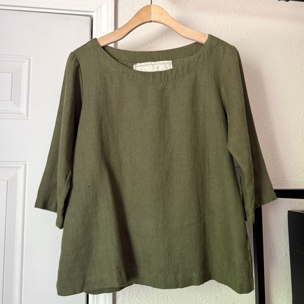 NOTPERFECTLINEN olive green linen boat neck boxy cropped long sleeve shirt top